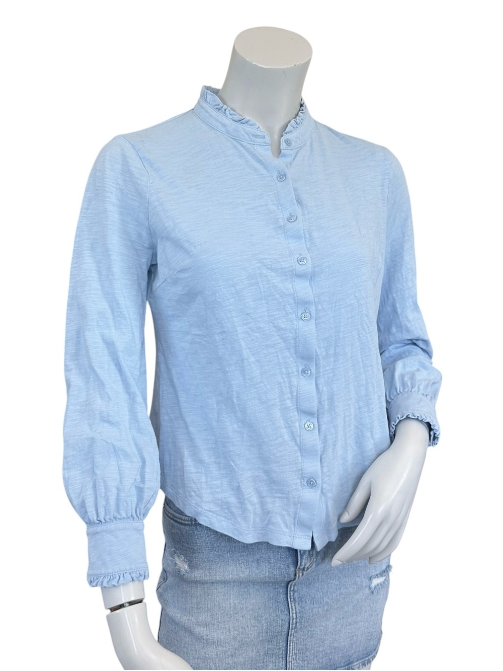 Boden Sky Blue Ruffle Trim Neckline Lightweight Button Down Blouse Size 6 Petite - Picture 2 of 6